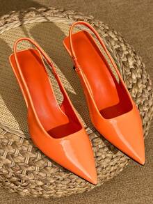 Tacones stilettos de punta fina de color nude brillante de alta calidad con tacón bajo y slip-on, estilo europeo para uso diario, fiestas y bodas, nuevos en primavera/verano, elegantes bombas de PU para damas - Naranja - Ver 5