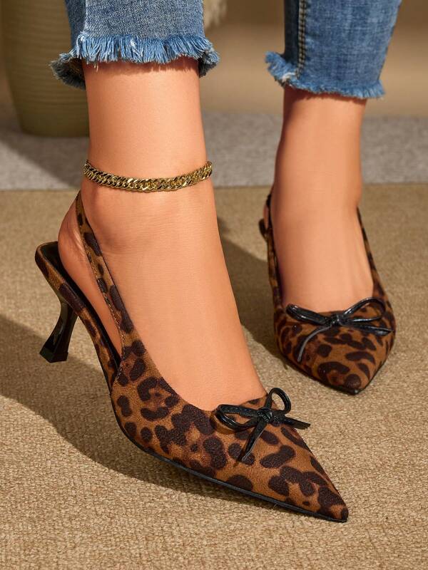 Women's Vintage Fashion Bow Decor Leopard Print Pointed Toe Low-Top Strap Kitten Heels Sandals, EU Style For Commute & Date, Summer Brown Suede Mule