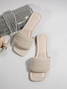 Sandálias femininas com tiras e cristais, chinelos casuais, versáteis e planos para áreas externas, para mulheres