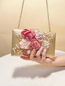 Valentine's Day Gift Love Holiday Date Ramadan Wedding Girlfriend Gift Lady Flower Evening Bags Pink Color Women Small Clutch Purse With Chain Shoulder Flap Design Diamonds Beading Box - Gold - View 5