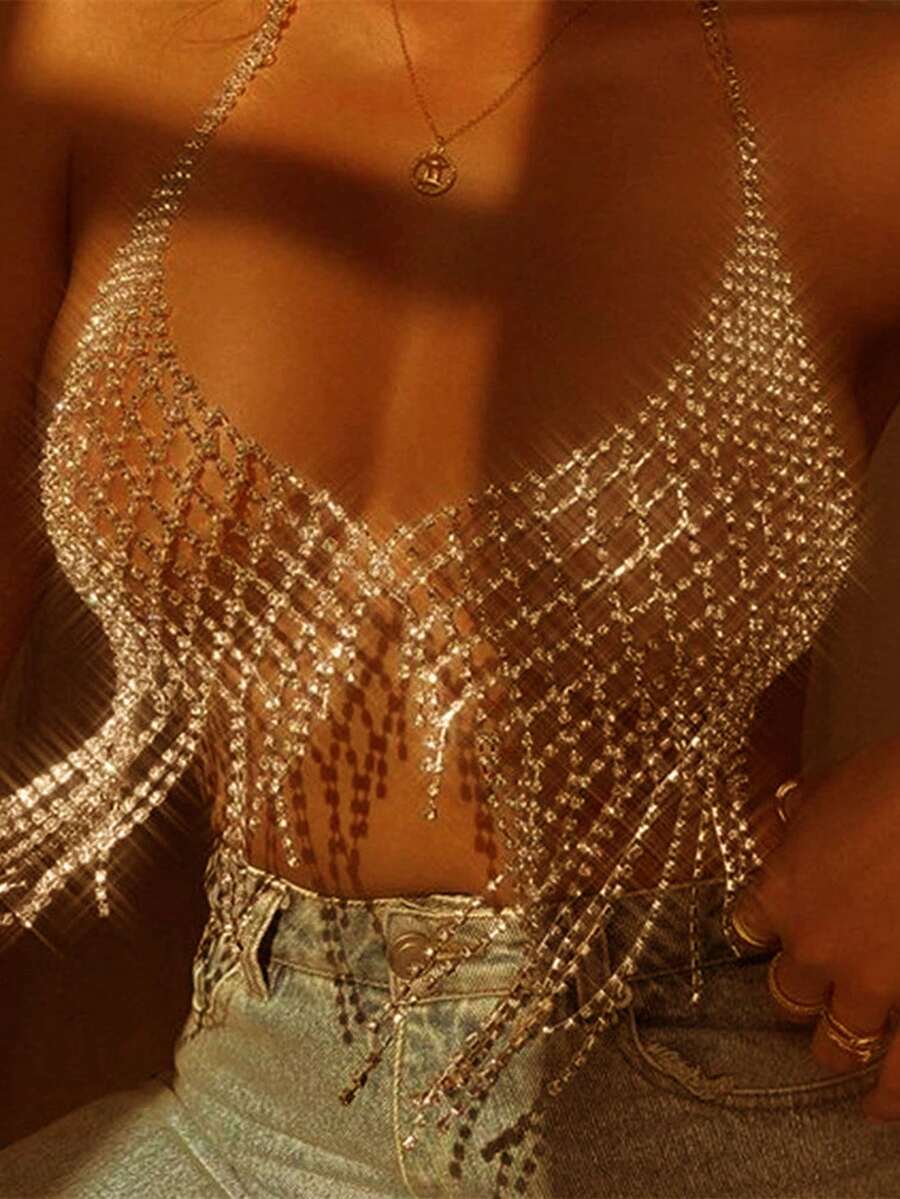 1 Shiny All Rhinestone Silver Plated Tassel Sexy Female Body Chain Bra - Gold - View 1