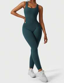 VOYJOY Women Backless Scrunch Butt Jumpsuits One Piece U-Neck Bodycon Leggings Yoga Rompers V-Back Playsuit - Xanh lam Xanh lục - Xem 2