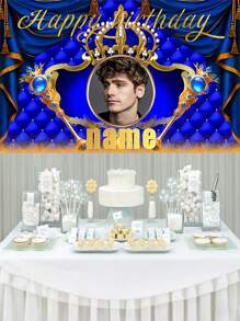 1pc Customizable Name Photo Polyester Crown Birthday Party Backdrop - Personalized Majestic Blue And Gold Design With Beautiful Gold Lettering, Indoor/Outdoor Garden Decorations, Reusable Cake Table Banner Suitable For All Birthdays, Birthday Party Decorations | Gold Engraved Decorations | Elegant Party Accessories, Birthday Party Decorations In 3 Sizes