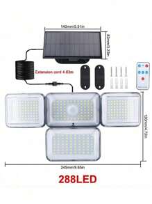 1 pieza Luces solares para exteriores, 288 LED 3000LM con sensor de movimiento, Luces solares de 6500K con control remoto, 4 cabezales de luces de inundación de seguridad de 300° de ángulo amplio para jardín, patio, camino, garaje y calle, con cable de 16,5 pies y 3 modos