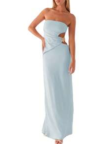 Women Sexy Cut Out Maxi Dress Y2k Hollow Out Spaghetti Strap Backless Long Bodycon Dresses Sleeveless Porm - 藍色 - 查看 4