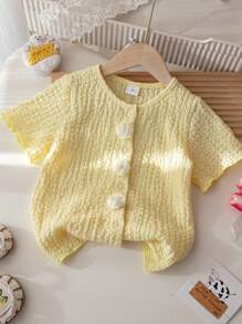 Young Girl Summer Solid Color Textured Front Button Short Sleeve Blouse