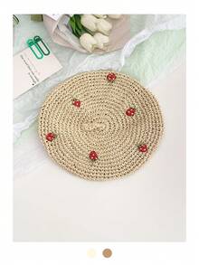 1pc Sweet Cute Little Strawberry Woven Beret Hat, Versatile Summer Beach Vacation Street Snap Cloud Painter Cap, Breathable Straw Beret For Women, Spring/Summer, Artistic Versatile Straw Hat - White - View 8