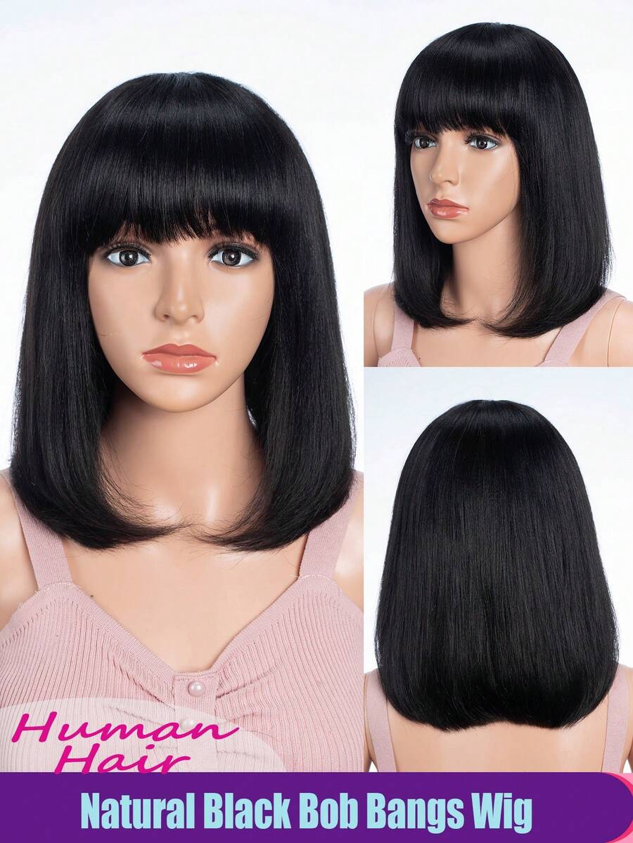Human Hair Natural Black Straight Bob Wig With Breathable Bangs Full Machine Made Glueless Human Hair, No Lace, Perfect For All Women - Natural Black - View 1