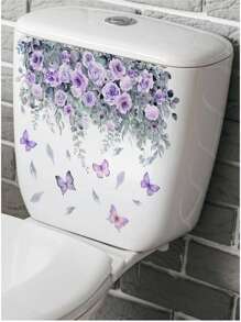 1pc Pink Flowers Green Plants And Blue Flowers Butterfly Bathroom Toilet Sticker Self-Adhesive, Removable Vinyl Waterproof Sticker, Bathroom Toilet Decorative Sticker, Toilet Lid Sticker, Bathroom Decoration Removable Sticker, Self-Adhesive Decal, Home Decor, Holiday Decorative Sticker, Birthday Graduation Gift Summer