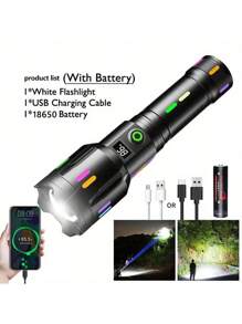 1PC Super Bright LED Flashlight - 10000mAh Big Capacity Battery, USB Rechargeable Durable Torch For Outdoor Adventures, Blackout, Car Repair, Hiking (3 Modes)