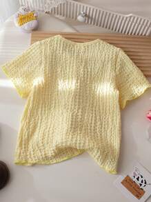 Young Girl Summer Solid Color Textured Front Button Short Sleeve Blouse