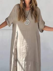 Women's Solid Color Conservative Casual Party Woven Fabric A-Line Dress, Suitable For Festival, Daily Wear, Global