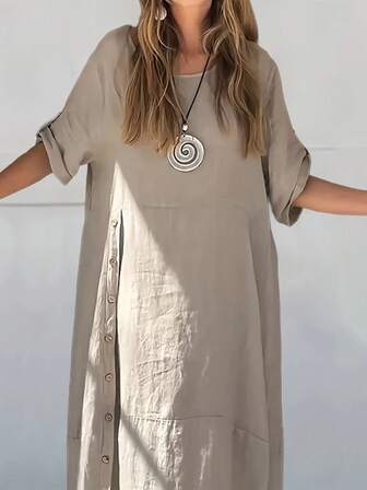 女士纯色保守休闲派对梭织面料 A 字连衣裙，适合节日、日常穿着，全球通用