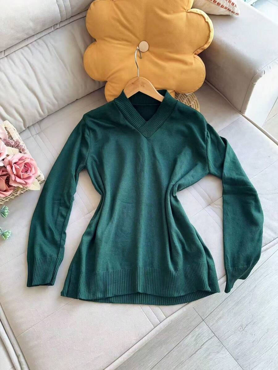 V Neck Plus Size Basic Long Sleeve Winter Knit Top Women Fashion - 綠色 - 查看 1