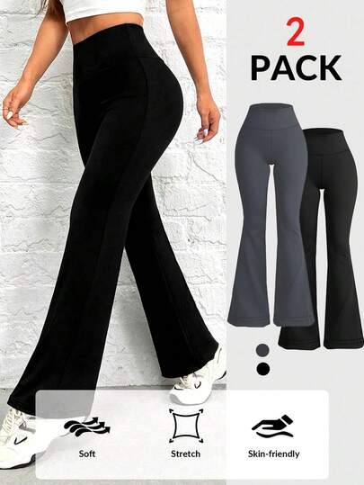2 件黑色喇叭瑜伽裤，轻盈弹力高腰喇叭裤，长款休闲阔腿裤，适合户外穿着