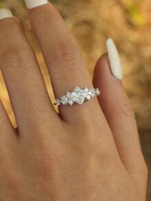 1pc Luxurious S925 Sterling Silver Water Drop Flower Zirconia Geometric Ring, Suitable For Women Wedding, Party, Date & Daily Wear - Silver - View 6