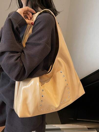 Stylish Vintage Rivet Design Minimalist Shoulder Underarm Bag, European And American Fashion Biker Chic Crossbody Bag, Suitable For Commuting And Shopping