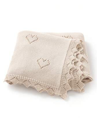 1 pieza Manta tejida con corazón hueco, adorable, borde de ganchillo delicado, manta romántica para niños, suave y cálida para envolver bebés, para todas las temporadas