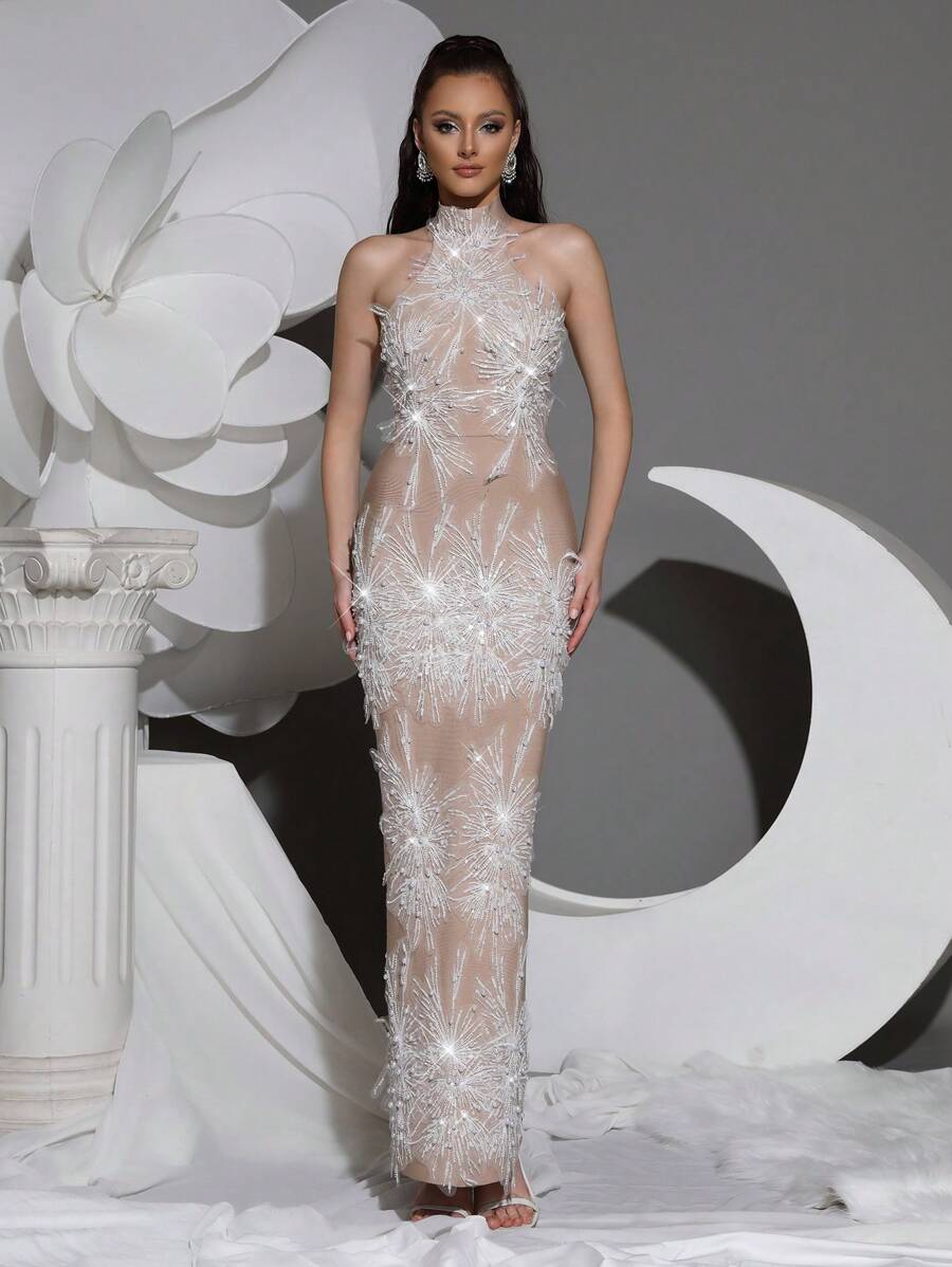 Vestido ajustado de alta calidad de halter sin mangas con cuentas y lentejuelas, vestido formal elegante para mujeres para banquetes, fiestas, vacaciones, eventos de noche, invitada de boda