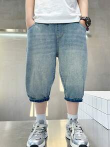 1pc Boys' Summer Denim Shorts, Blue Printed - Blue - View 2