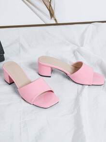 2025 Elegant Pink High Heels, Summer Fashion Women's Elegant Pink High Heel Sandals, Easy Slip-On Thick Heel Square Toe Mules, Glossy Women Shoes - Pink - View 6