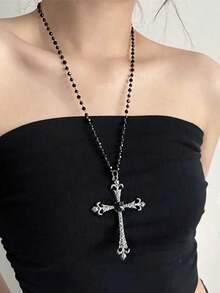 1pc Ascension Day Cross Crystal Beaded Necklace, Black Metal Material With Zirconia Inlaid, Goth Style Suitable For Women Daily Wear - Black - View 11
