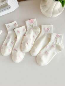 5 Pairs Women's Flower & Bow Decor Mid-Calf Socks, Sweet Campus Style Streetwear, Comfortable & Soft For Daily Wear - Multicolor - View 13