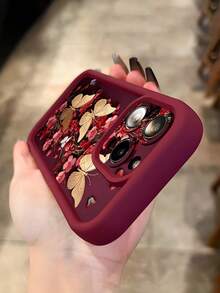 酒红色 1 件装 复古红色花卉金色蝴蝶图案 软 TPU 防震防滑手机壳 兼容 防水防摔防刮花，国际版，非国内版 - 彩色 - 查看 2