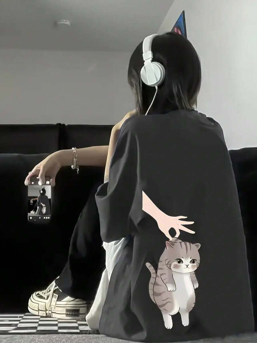 女士休闲圆领宽松可爱猫咪印花短袖T恤，春夏 - 深灰色 - 查看 1