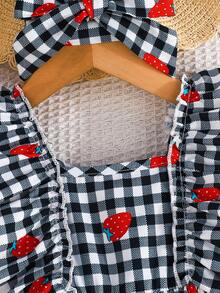 Baby Girls' Sleeveless Ruffled Hem Cute Strawberry Print Dress With Headband Set, Sweet And Elegant - Black - View 3