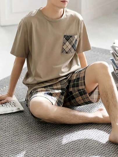 AICJ Heren geruite casual loungewearset, 2-delig, inclusief T-shirt met ronde hals en korte mouwen en shorts, geschikt voor lente en zomer, kan buiten gedragen worden