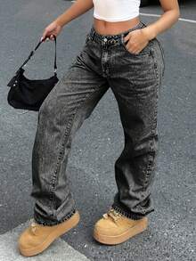 Women Casual Solid Color Water-Washed Wide Leg Denim Jeans For Daily Wear Spring - Grey - View 8