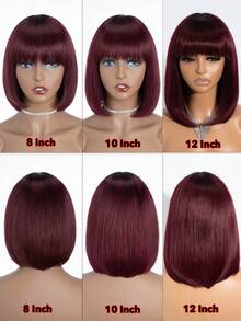 Ombre Wine Red Straight Bobbed Wig, Breathable Bangs, Full Hand-Woven No Lace Real Human Hair, Suitable For All Women, Wine Red Ends With Black Roots - S1/99J - View 4