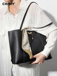 CHISIY Original Handmade Solid Color Golden Bean Letter Plaid Scarf, Contrast Color Synthetic Leather Tote Bag, Elegant Business Large Capacity Women Commuter Bag, Casual Simple Lady Underarm Bag, Fashion Lady Shoulder Bag, Gift For Valentine's Day, New Year, Suitable For Office Lady, Business Woman, College Student, Dating, Shopping, Travel, All Season