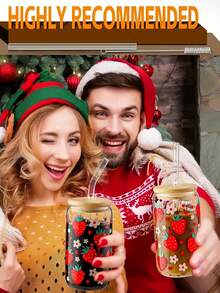 4pcs/1pc Strawberry Floral Print Glass Cup With Lid & Straw, 16oz Jar Shaped Water Tumbler, Iced Coffee Cup, Suitable For Tea, Juice, Milk, Birthday Gift, Drinkware, Reusable - Multicolor - View 5