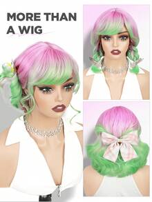 14 Zoll kurze Farbverlauf Bob Perücken mit Pony, lockige Perücken für Frauen mit kurzen rosa bis grünen Haaren, lose wellige Perücke Farbverlauf rosa Perücke, synthetisches Haar, Lavendel Perücke für Cosplay, tägliche Partys, Selfie-Verwendung