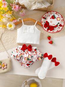 4pcs Set Elegant & Cute Baby Girls Outfit, Soft, Breathable, Comfortable, Button Decor Camisole And Bow Flower Strawberry Print Ruffle Hem Layered Shorts Set With Socks And Sun Hat, Suitable For Casual, Daily, Holiday And Party - Multicolor - View 1