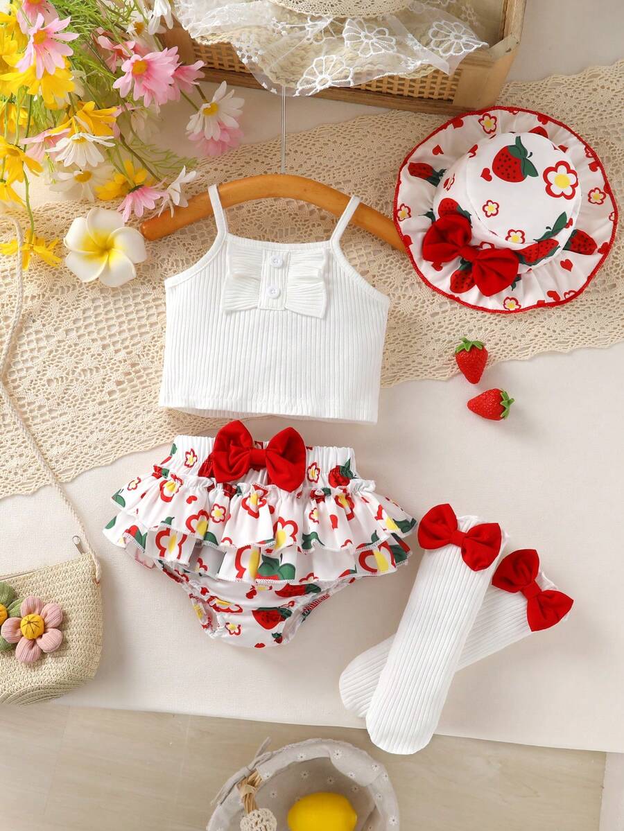 4pcs Set Elegant & Cute Baby Girls Outfit, Soft, Breathable, Comfortable, Button Decor Camisole And Bow Flower Strawberry Print Ruffle Hem Layered Shorts Set With Socks And Sun Hat, Suitable For Casual, Daily, Holiday And Party - Multicolor - View 1