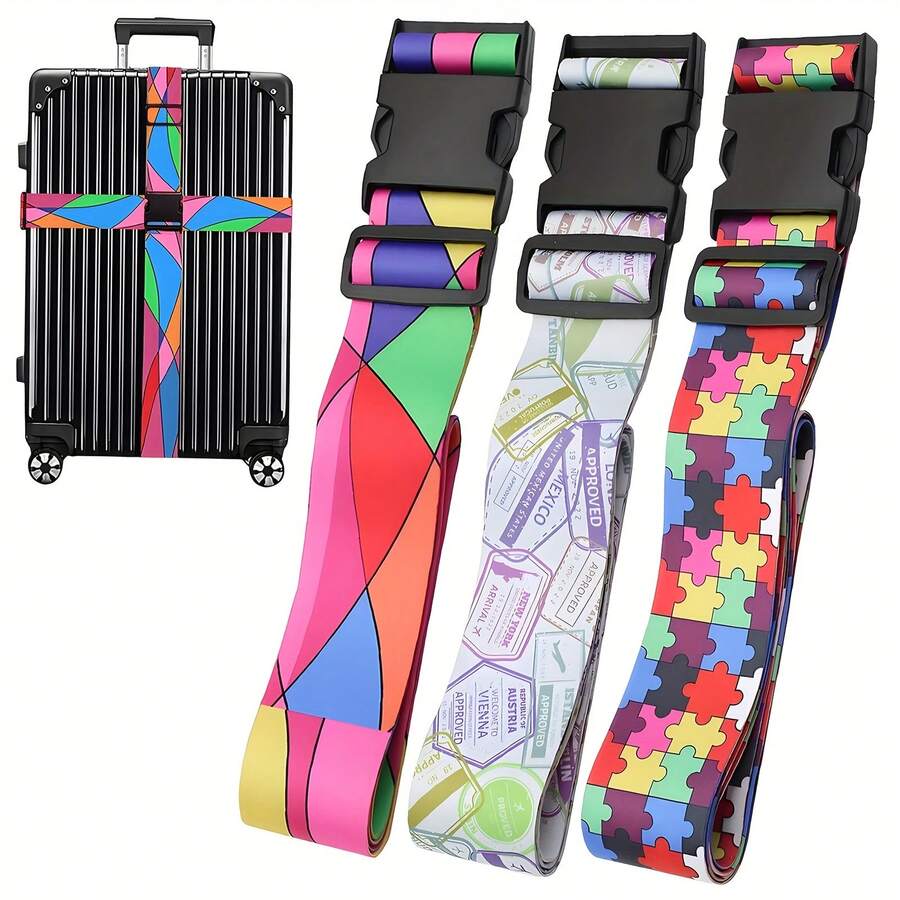 1pc Adjustable Luggage Strap 71x2" - Polyester Suitcase Belt With Quick-Release Buckle, Colorful Puzzle Piece & Abstract Designs - Secure Travel Accessory For 20-28" Suitcases, Luggage For Travel Bag For School School Accessories School Stuff - Multicolor - View 1