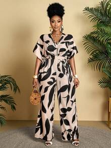 Plus Size V-Neck Artistic Print Jumpsuit (Pattern Random) - Apricot - View 2