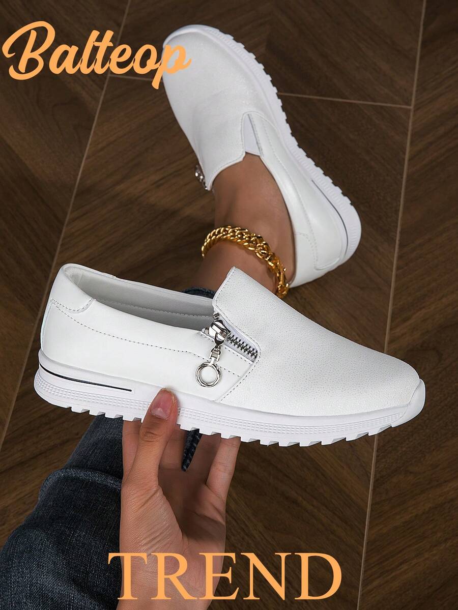 BALTEOP Damen Herbst/Winter grüne Metallreißverschluss Studenten leichte und bequeme vielseitige Slip-On Elastic Band PU Leder Steppung Karomuster Lässig Laufschuhe, Sneaker für Frauen