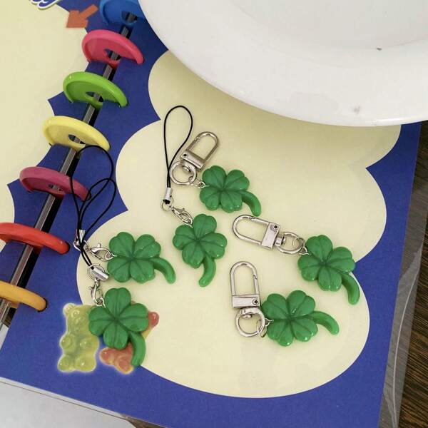 Original Design Spring Season Lucky Green Four-Leaf Clover Mobile Phone Charms, Korean Tear Drop Queen CCD Pendant Keychain