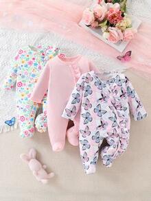 3件套新生儿可爱碎花蝴蝶印花柔软舒适长袖连体衣 - 彩色 - 查看 1