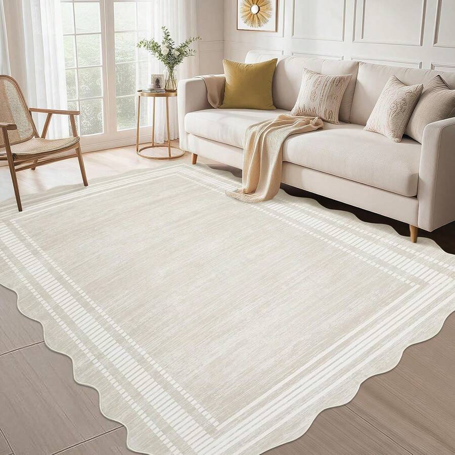 Scalloped Rug Modern Bordered Solid Rug Anti-Slip Living Room Decorative Rug For Living Room Bedroom Kitchen Hallway Office Farmhouse Dining Room - Light Beige - View 1