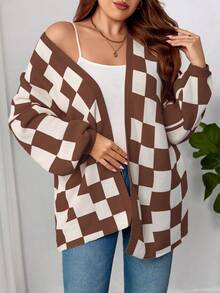 Plaid Round Neck Casual Long Sleeve Plus Size Knit Cardigan Sweater, For Winter - Brown - View 6