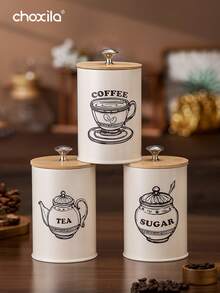 choxila 3pcs Set Metal Storage Jars For Coffee, Tea & Sugar, Moisture-Proof, Airtight Food Sealed Cans With Lids, Coffee Storage Canisters Kitchen Organizers - Beige - View 2
