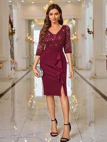 MIUSOL Deep V-Neck Sequin Floral Lace Ruffle Trim Cocktail Party Bodycon Dress - Red - View 10