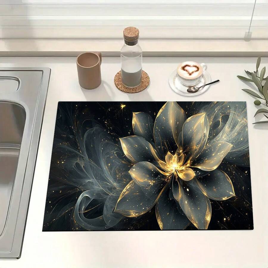 1pc Floral Print Absorbent Mat/Drying Pad For Coffee Maker, Dishes - Polyester Desktop Protective Pad, Suitable For Kitchen Counter Decoration, Home Bar And Dining Table Placemat - HQQLSD151 - View 1