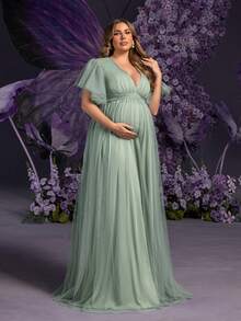 Faeriesty Dressalisa Elegant V-Neck Maternity Dress With Flutter Sleeves & Side Slit - Flowy Spring-Summer Occasion Wear | Perfect For Garden Parties, Formal Dinners, Bridal Showers, Photo Shoots