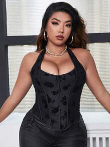 Apperloth A 加大码不对称下摆印花抹胸露脐上衣，朋克性感音乐节服装（黑色） - 黑色 - 查看 3